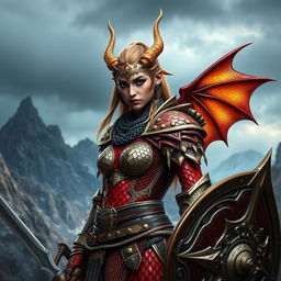 A stunning female dragonborn warrior clad in gleaming chainmail armor, showcasing intricate details and brilliance in its metallic finish