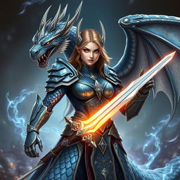 A magnificent female dragon paladin depicted in intricate chainmail armor, showcasing a blend of elegance and ferocity