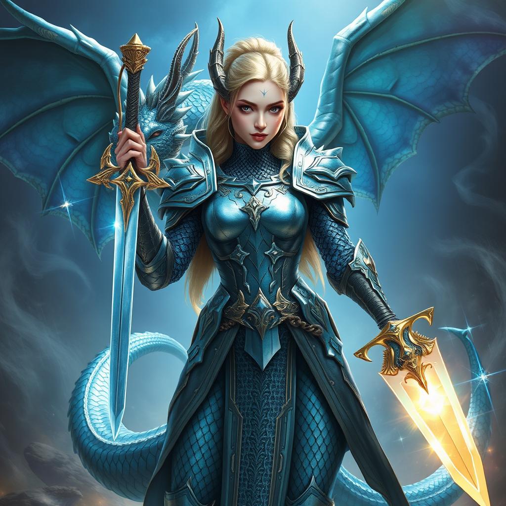 A magnificent female dragon paladin depicted in intricate chainmail armor, showcasing a blend of elegance and ferocity