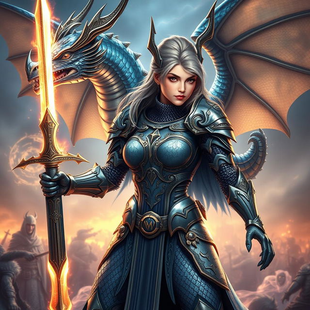 A magnificent female dragon paladin depicted in intricate chainmail armor, showcasing a blend of elegance and ferocity