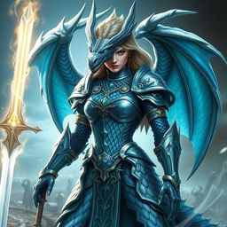 A magnificent female dragon paladin depicted in intricate chainmail armor, showcasing a blend of elegance and ferocity