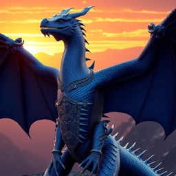 A magnificent female dragon adorned in intricately designed chainmail armor that gleams with metallic brilliance