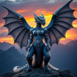 A magnificent female dragon adorned in intricately designed chainmail armor that gleams with metallic brilliance