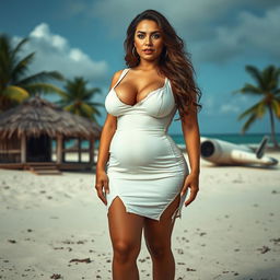 A full-body image of a mature, curvy woman aged 45, beautiful and sexy, wearing a small, old and torn white dress