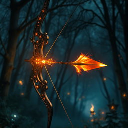 A striking fantasy scene featuring a bow and arrow engulfed in mystical flames