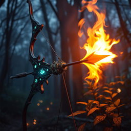 A striking fantasy scene featuring a bow and arrow engulfed in mystical flames