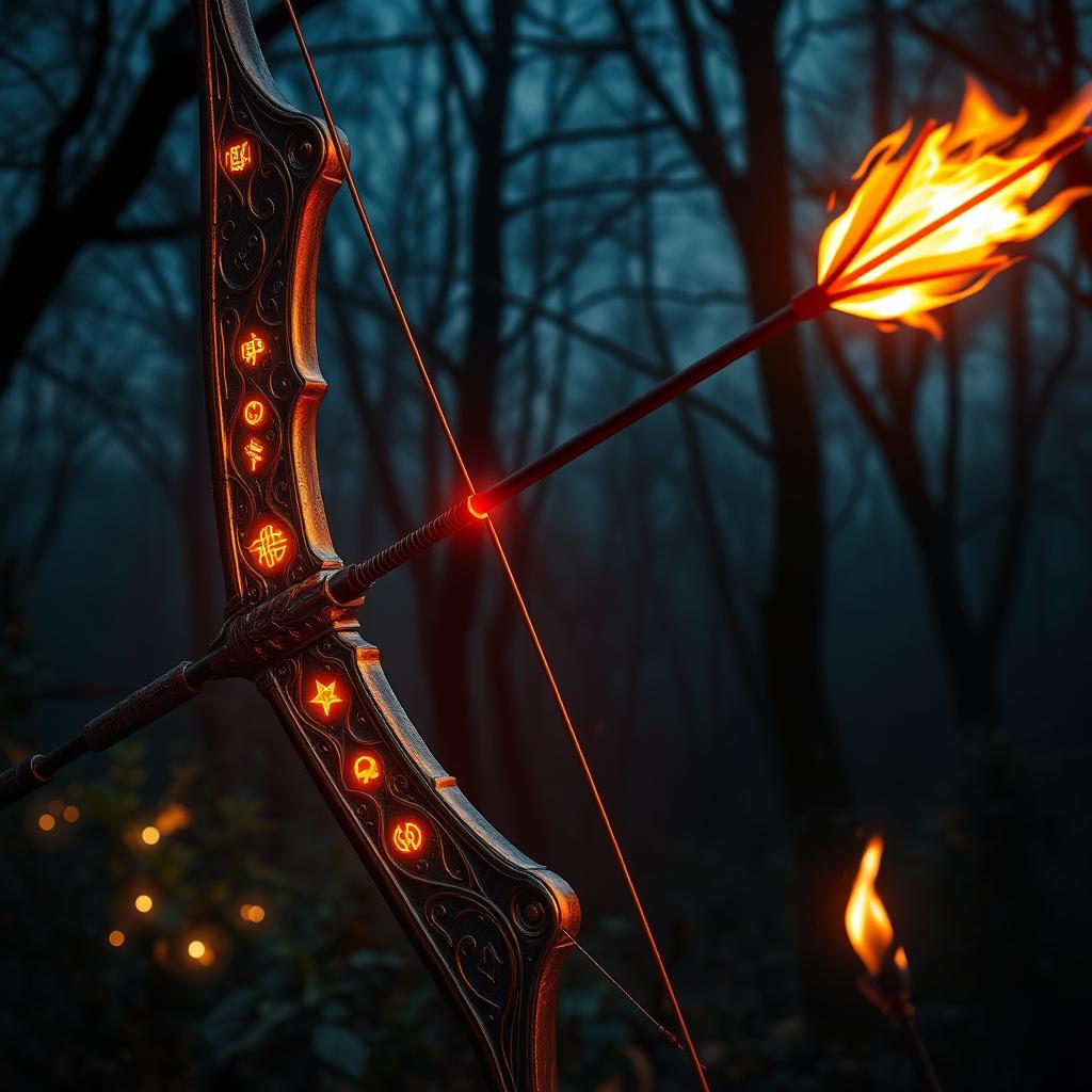A striking fantasy scene featuring a bow and arrow engulfed in mystical flames