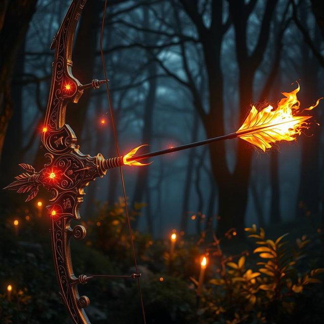 A striking fantasy scene featuring a bow and arrow engulfed in mystical flames
