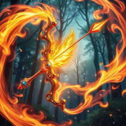 A captivating fantasy illustration of a bow and arrow surrounded by enchanting flames