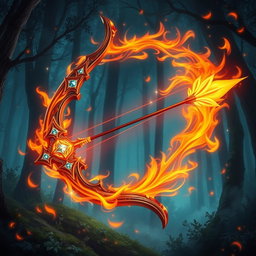 A captivating fantasy illustration of a bow and arrow surrounded by enchanting flames