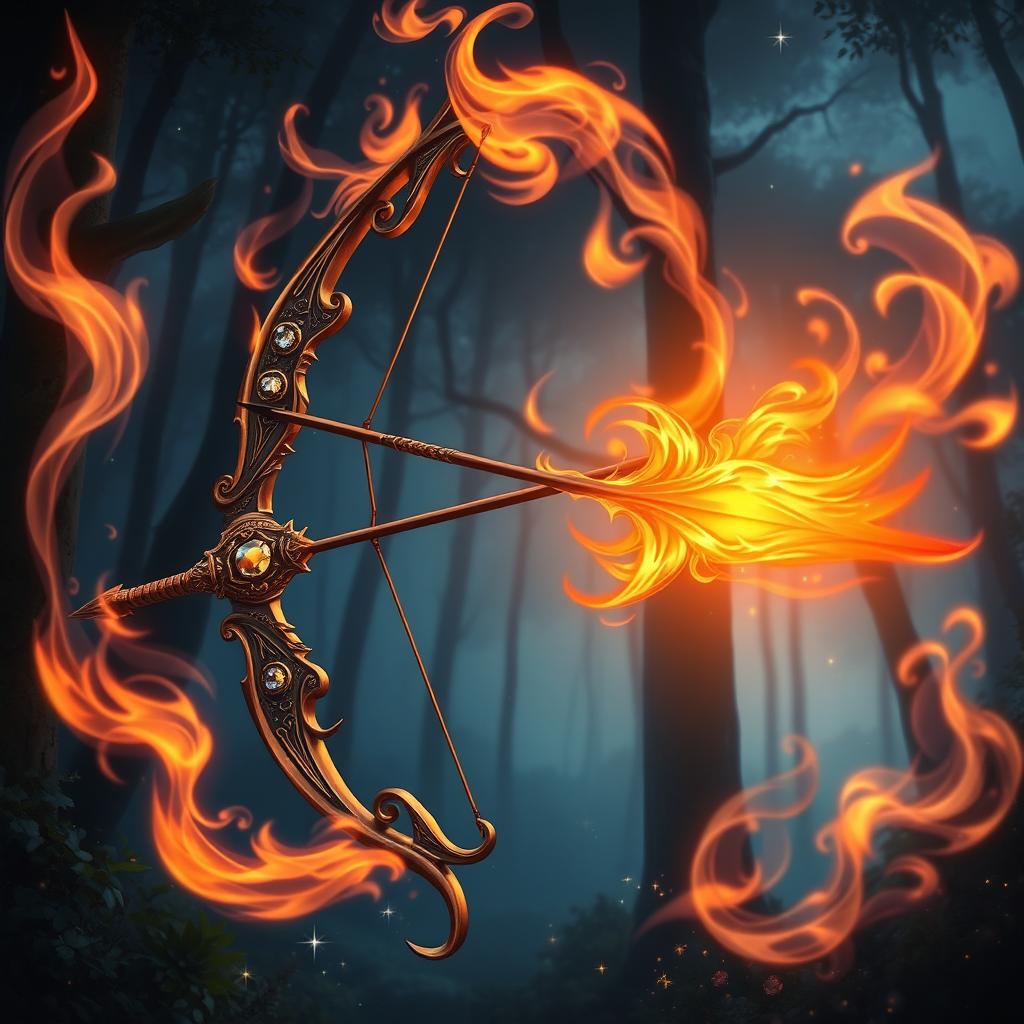 A captivating fantasy illustration of a bow and arrow surrounded by enchanting flames