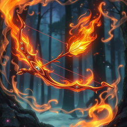 A captivating fantasy illustration of a bow and arrow surrounded by enchanting flames