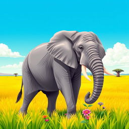 Create a vibrant vector illustration featuring a majestic elephant standing gracefully in a lush green savannah