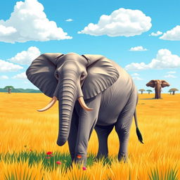 Create a vibrant vector illustration featuring a majestic elephant standing gracefully in a lush green savannah