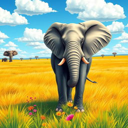 Create a vibrant vector illustration featuring a majestic elephant standing gracefully in a lush green savannah