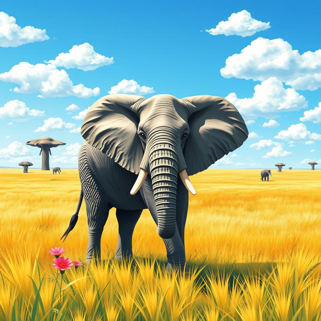 Create a vibrant vector illustration featuring a majestic elephant standing gracefully in a lush green savannah