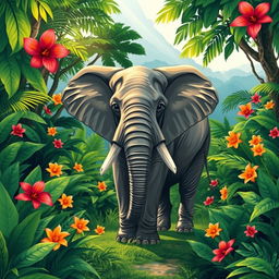 A beautifully designed vector illustration of a single majestic elephant standing gracefully amidst a lush green jungle landscape