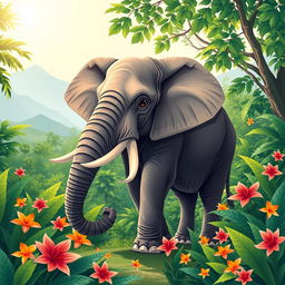 A beautifully designed vector illustration of a single majestic elephant standing gracefully amidst a lush green jungle landscape