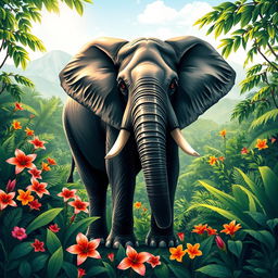 A beautifully designed vector illustration of a single majestic elephant standing gracefully amidst a lush green jungle landscape