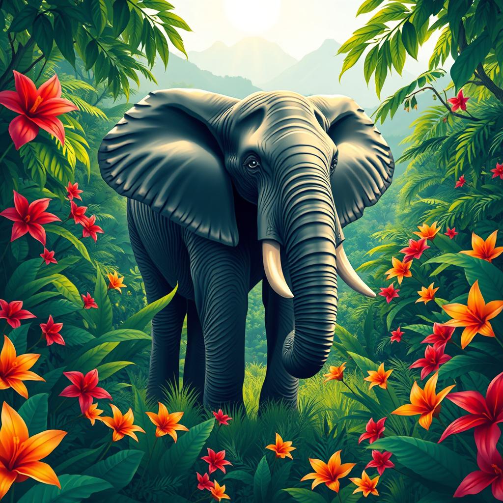 A beautifully designed vector illustration of a single majestic elephant standing gracefully amidst a lush green jungle landscape