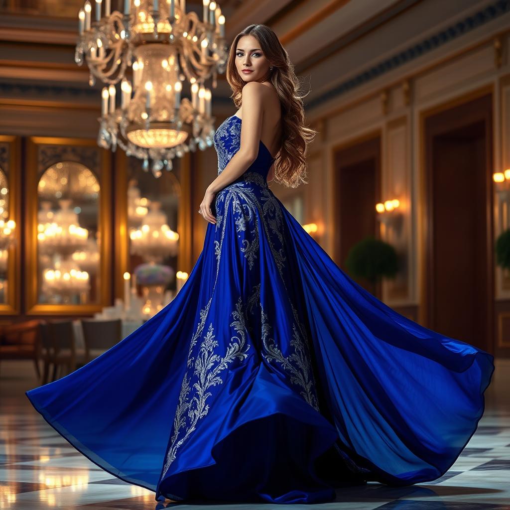 A stunning woman in a flowing, elegant evening gown that shimmers under soft candlelight