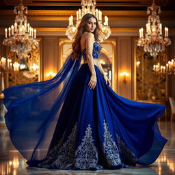 A stunning woman in a flowing, elegant evening gown that shimmers under soft candlelight
