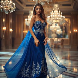 A stunning woman in a flowing, elegant evening gown that shimmers under soft candlelight