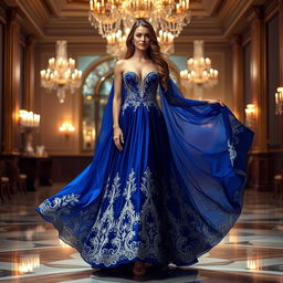 A stunning woman in a flowing, elegant evening gown that shimmers under soft candlelight