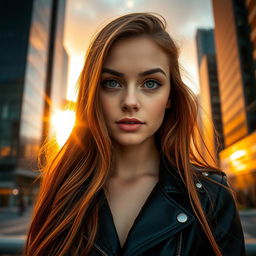 A close-up portrait of a young woman with long flowing auburn hair, wearing a stylish black leather jacket with intricate details