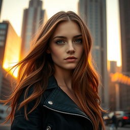 A close-up portrait of a young woman with long flowing auburn hair, wearing a stylish black leather jacket with intricate details