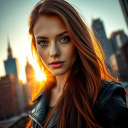 A close-up portrait of a young woman with long flowing auburn hair, wearing a stylish black leather jacket with intricate details