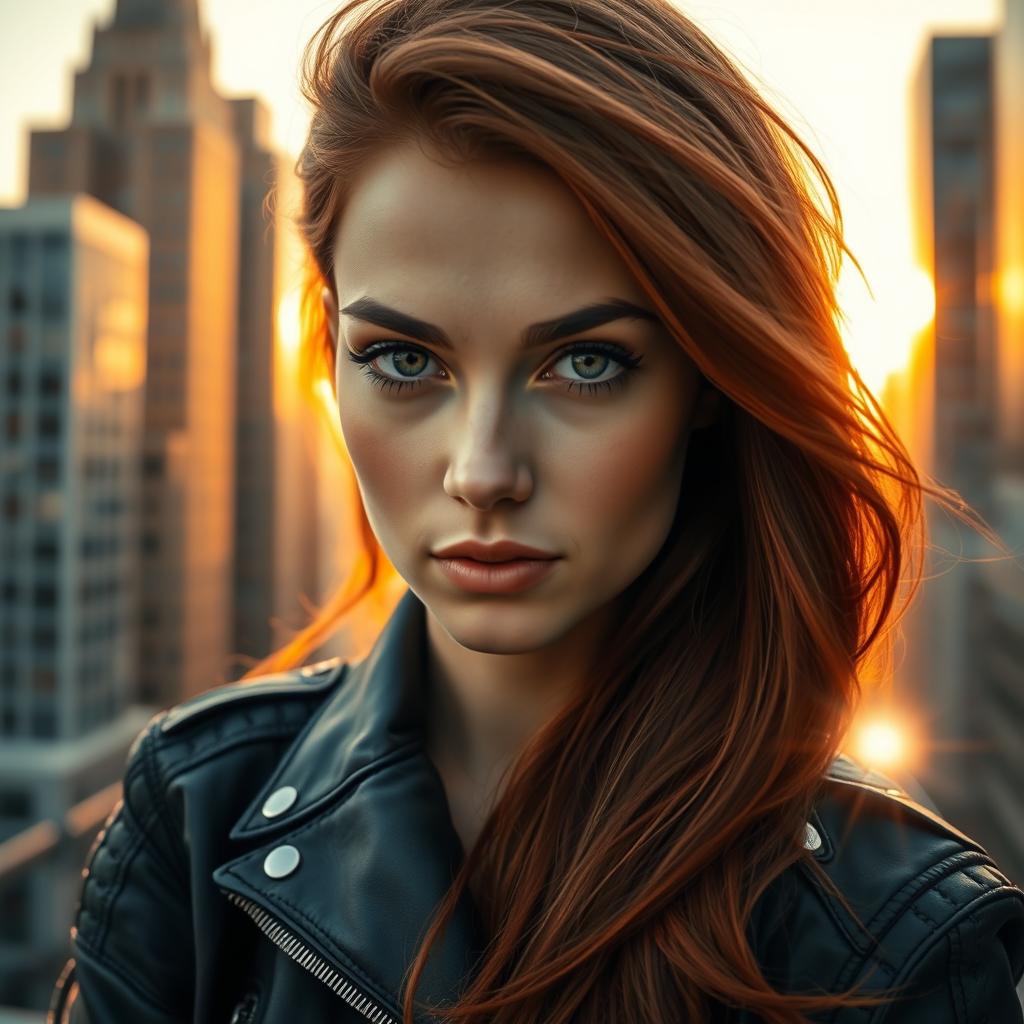 A close-up portrait of a young woman with long flowing auburn hair, wearing a stylish black leather jacket with intricate details