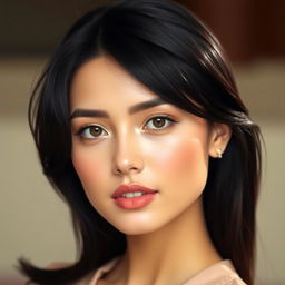 An elegant young woman with long, flowing black hair styled with bangs