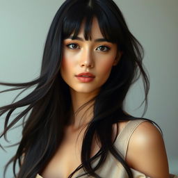 An elegant young woman with long, flowing black hair styled with bangs