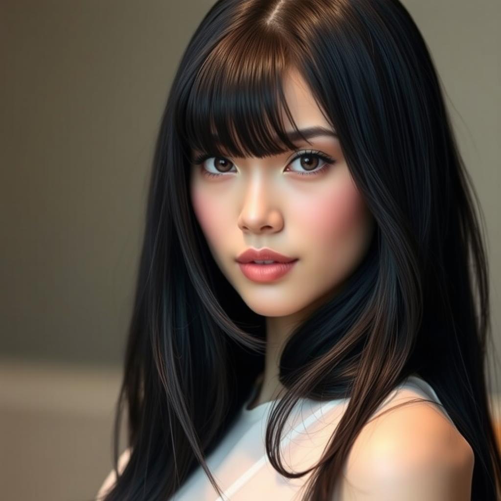 An elegant young woman with long, flowing black hair styled with bangs