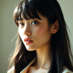 An elegant young woman with long, flowing black hair styled with bangs