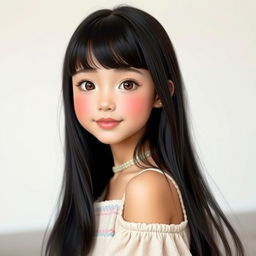 A youthful and elegant girl with long, flowing black hair styled with bangs