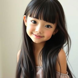 A youthful and elegant girl with long, flowing black hair styled with bangs