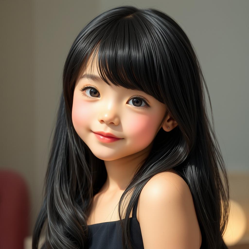 A youthful and elegant girl with long, flowing black hair styled with bangs