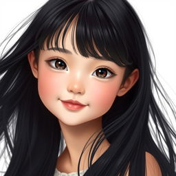 A youthful and elegant girl with long, flowing black hair styled with bangs