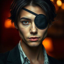 A captivating portrait of an individual wearing an eye patch, exuding confidence and mystery