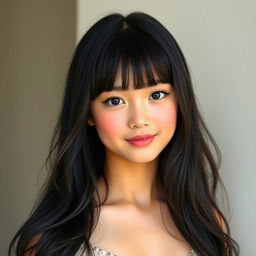 An elegant teenager with long, flowing black hair styled with bangs