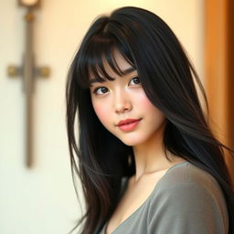 An elegant teenager with long, flowing black hair styled with bangs