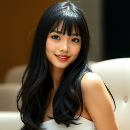 An elegant teenager with long, flowing black hair styled with bangs