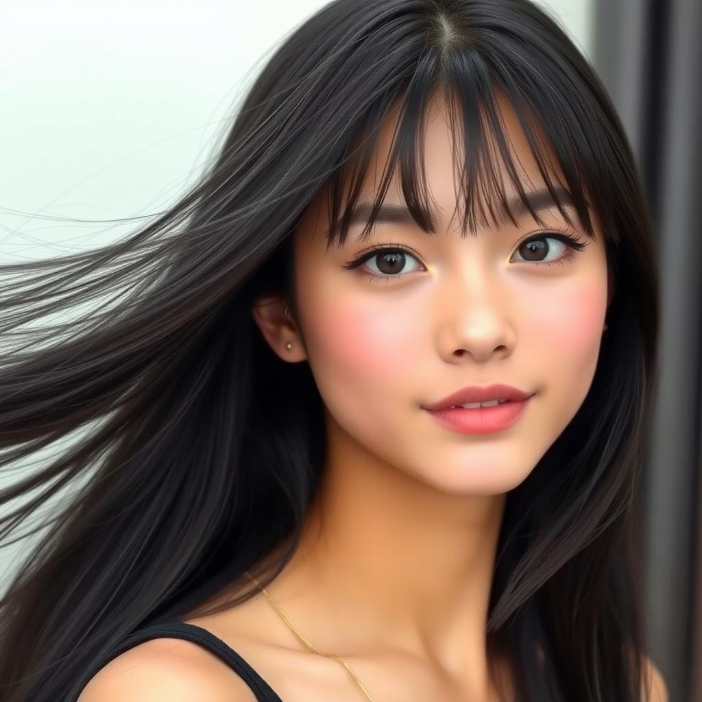 An elegant teenager with long, flowing black hair styled with bangs