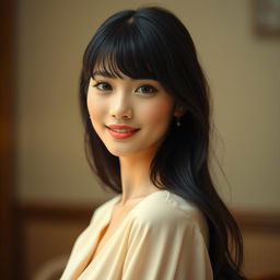 An elegant young woman with long, flowing black hair styled with bangs