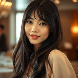 An elegant young woman with long, flowing black hair styled with bangs