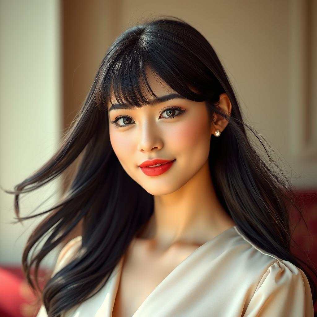 An elegant young woman with long, flowing black hair styled with bangs