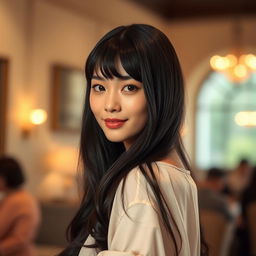 An elegant young woman with long, flowing black hair styled with bangs