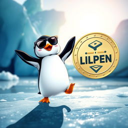 A cute penguin wearing sunglasses and dancing on ice, showcasing joyful movements